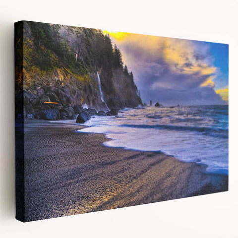 Olympic National Park landscape on large stretched canvas, featuring lush greenery and misty mountains.