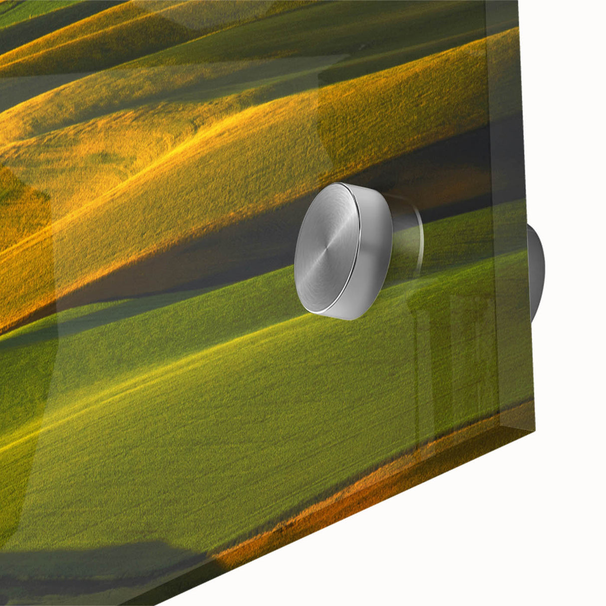 Large abstract depiction of the Palouse in muted greens and browns on acrylic glass.