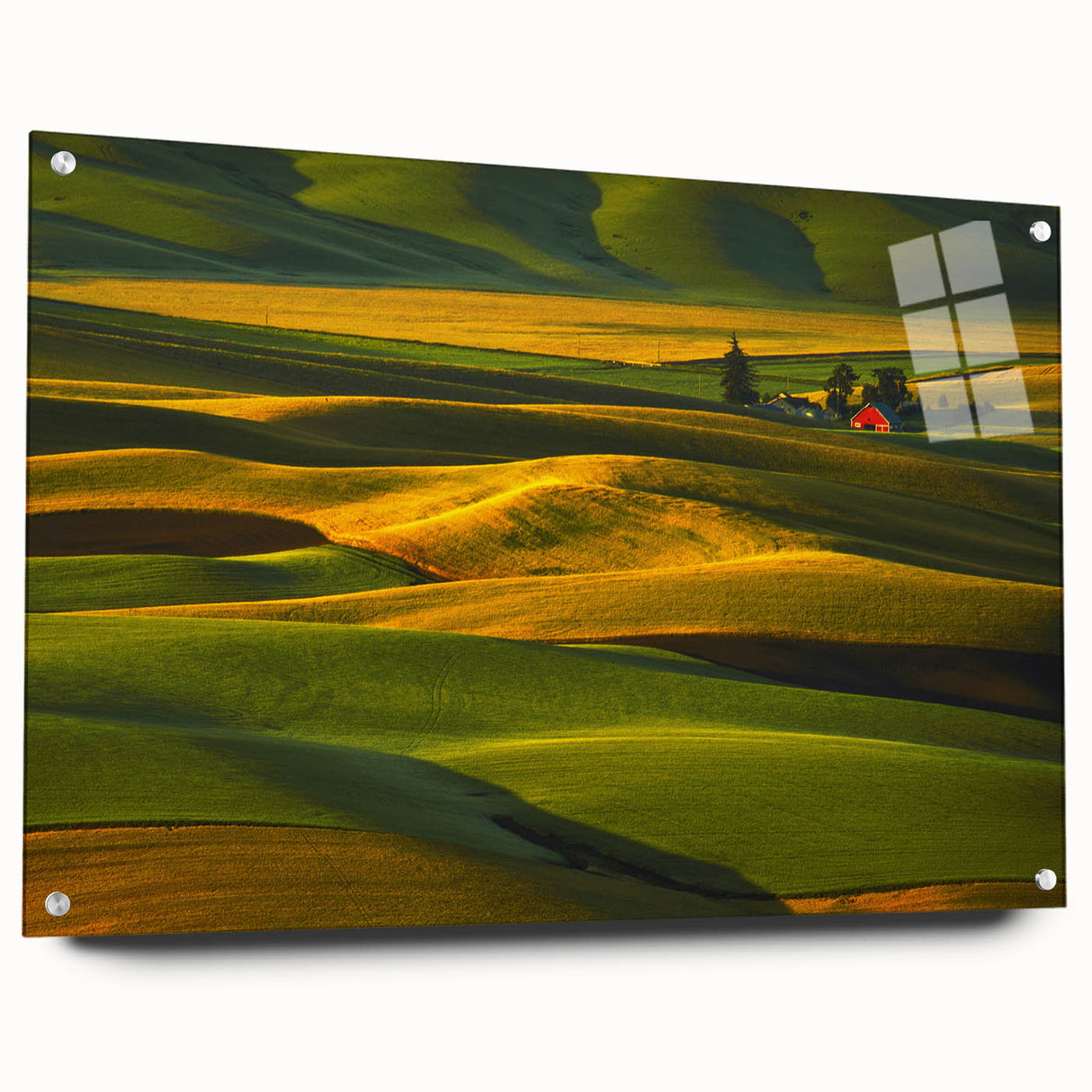 Acrylic print of a large abstract depiction of the Palouse region in muted earth tones, ideal for dining room decor.