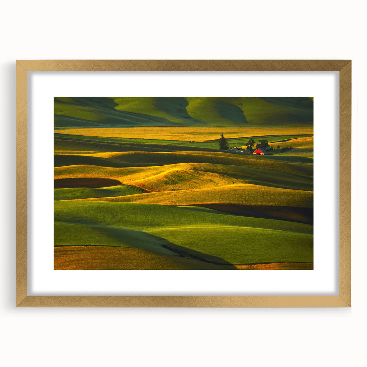 Extra large abstract art print of Palouse, Washington, in a gold frame, featuring textured, rolling hills in earth tones.