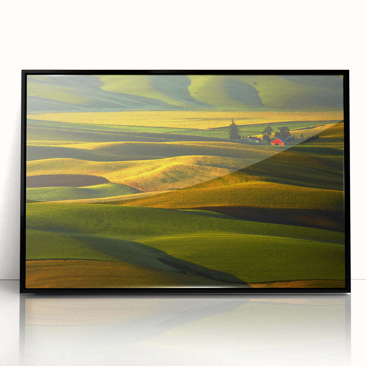Large abstract wall art of Palouse, Washington in muted earth tones on a black-framed acrylic print.