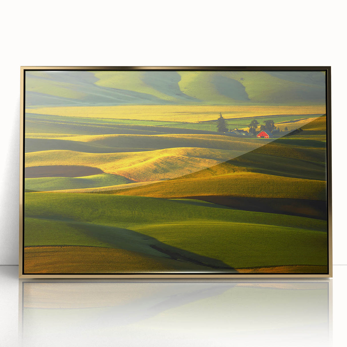 Large art print of Palouse, Washington landscape in muted green and gold tones on framed acrylic.