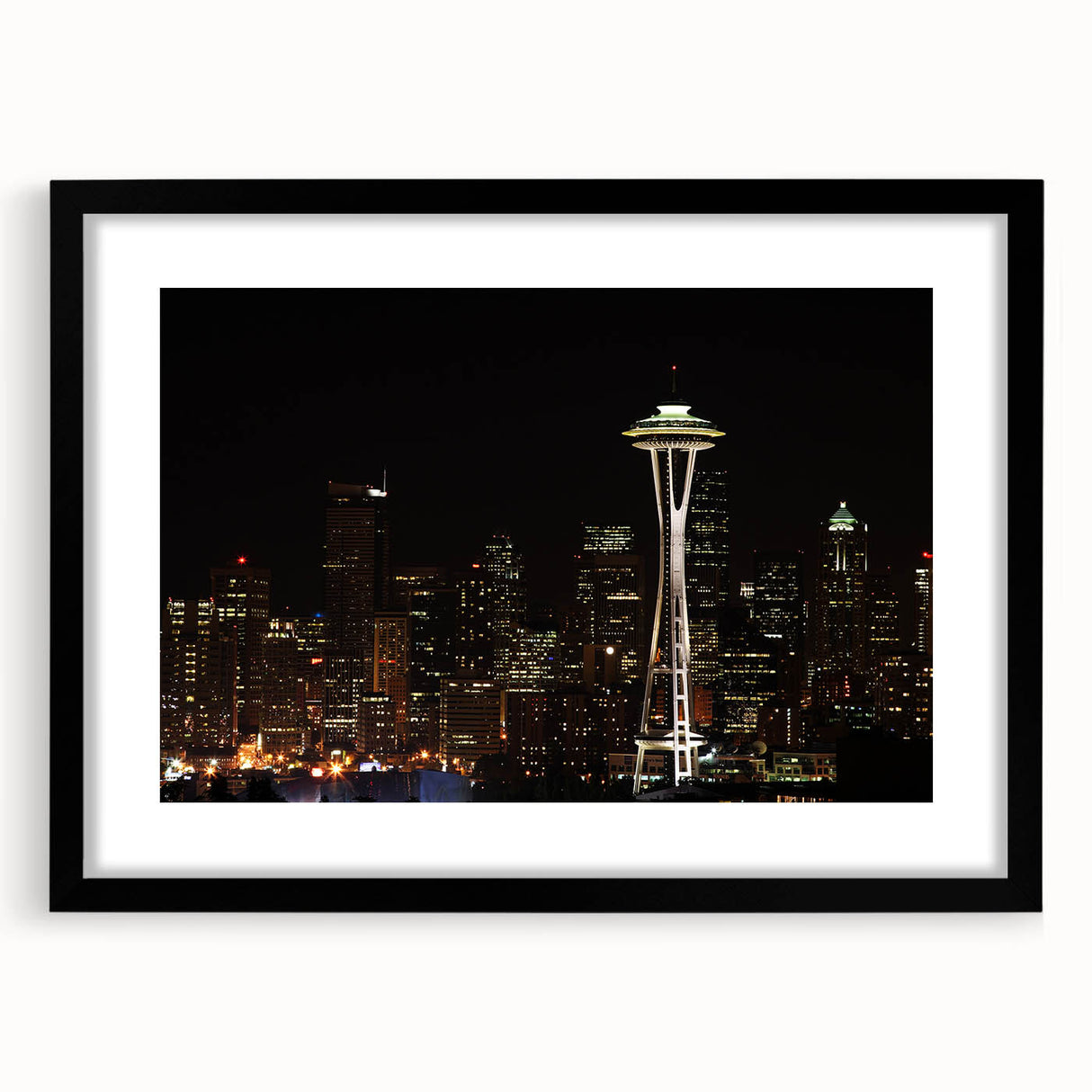 Abstract art print of Seattle skyline in vibrant colors on a textured, extra large canvas, ideal for living room decor.