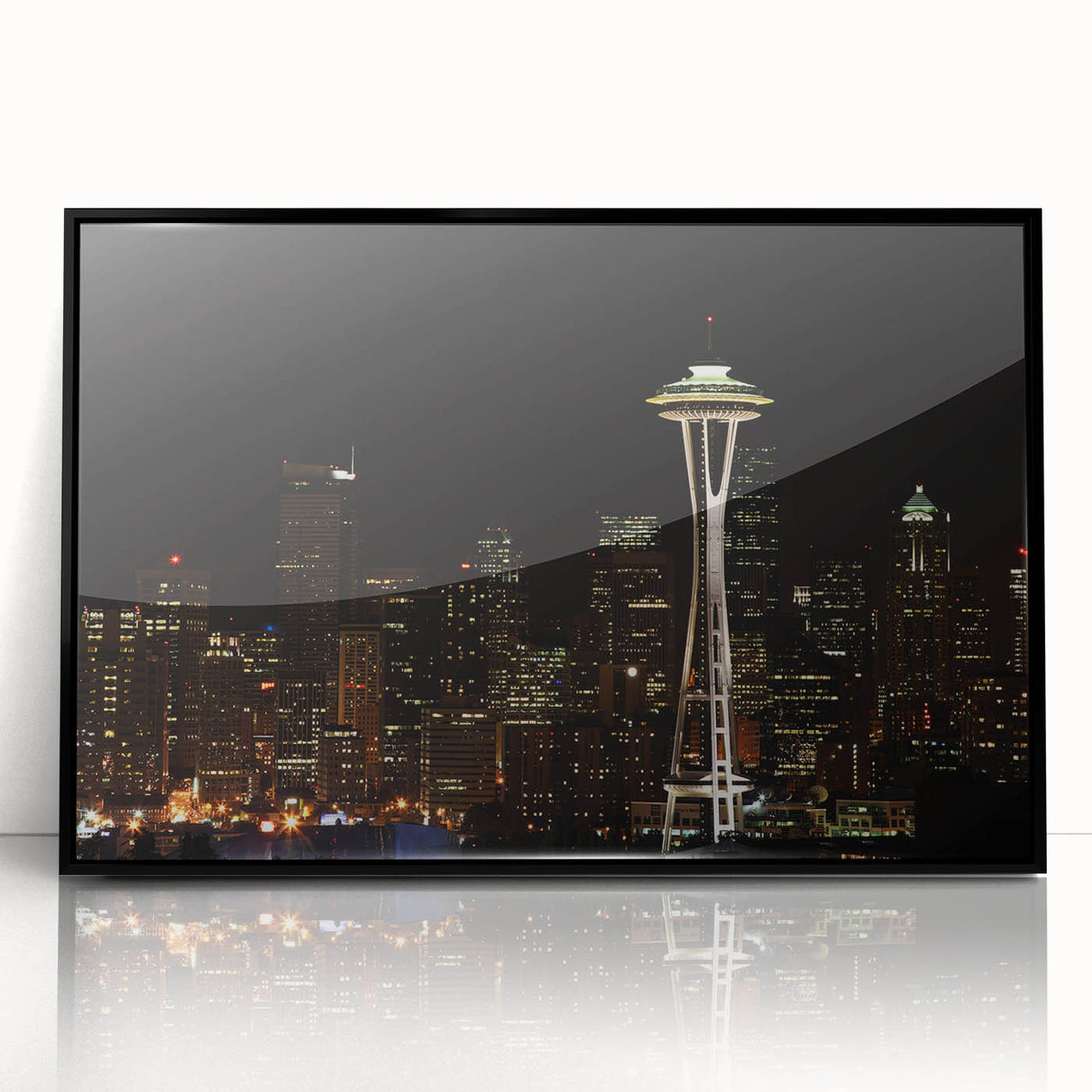 Large abstract wall art depicting the Seattle skyline in muted gray tones on a framed acrylic panel.