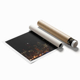 Extra large rolled print of Seattle skyline with floral accents in soft pink and green.