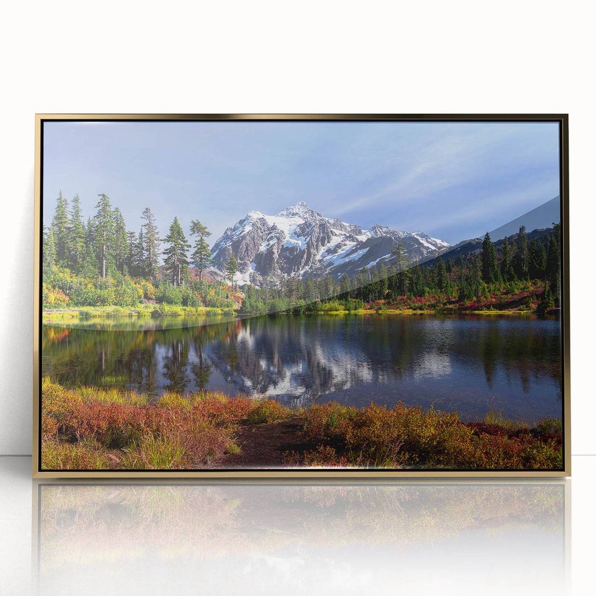Acrylic print of Washington scenery with gold frame, featuring mid-century modernist style, suitable for nursery wall art.