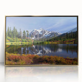 Acrylic print of Washington scenery with gold frame, featuring mid-century modernist style, suitable for nursery wall art.