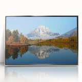 Mid-century modernist art of Grand Tetons landscape in muted green and blue tones, framed acrylic print.