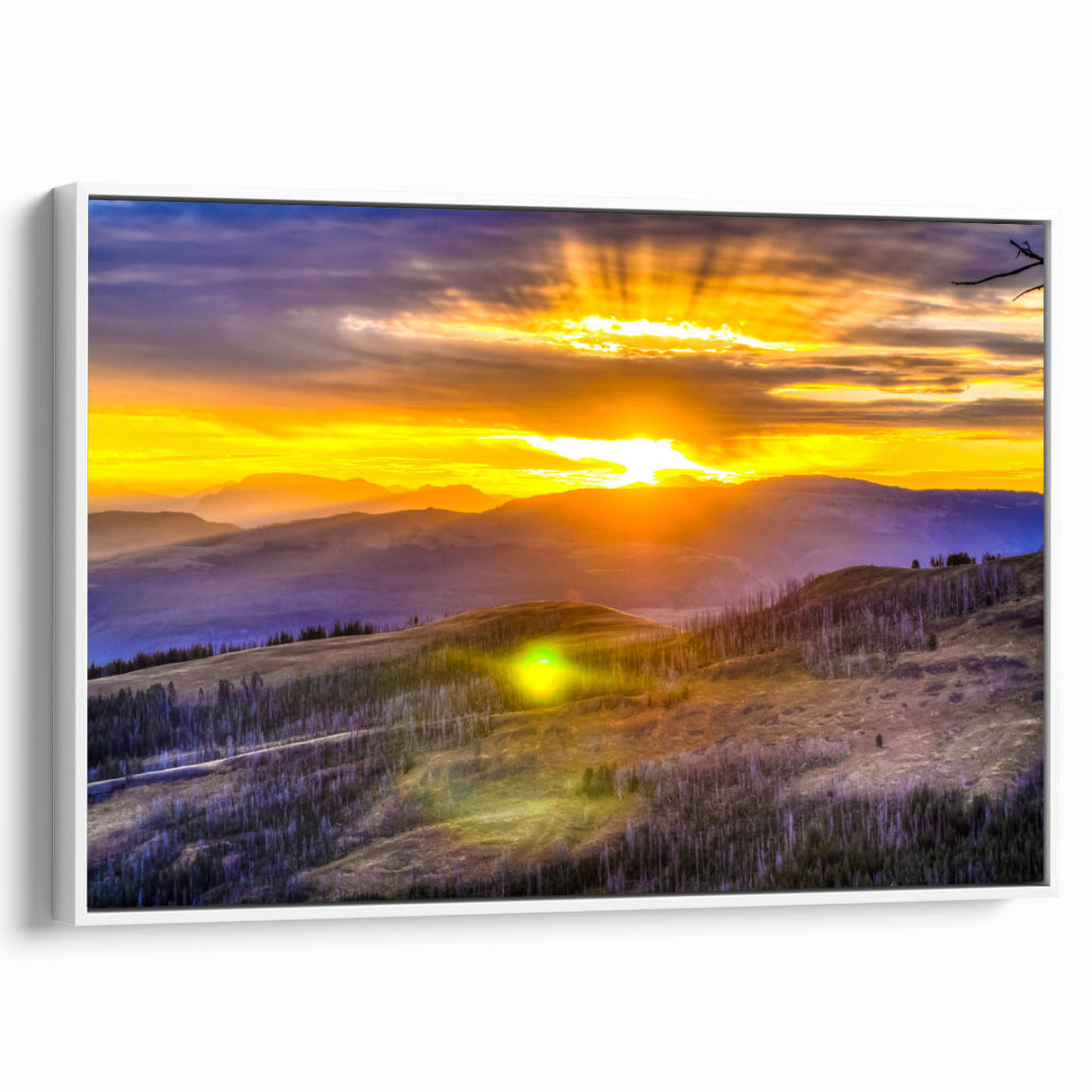 Vintage poster art of Yellowstone with colorful palette on extra large framed canvas, ideal for living room decor.