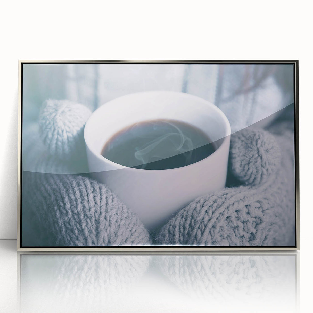 Mid-century modernist art of a winter scene in muted blue and white tones, framed acrylic, ideal for nursery wall decor.
