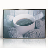 Mid-century modernist art of a winter scene in muted blue and white tones, framed acrylic, ideal for nursery wall decor.