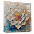 Abstract geometric acrylic glass artwork displayed from the side, showcasing vibrant colors and unique pin details, perfect for modern decor enthusiasts.