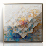 Geometric abstract framed acrylic artwork in gold tones, showcasing sharp angles and fluid shapes, perfect for modern decor. Ideal for enhancing contemporary interiors.