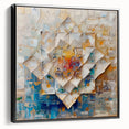 Abstract geometric canvas art in a sleek black frame, showcasing vibrant colors and sharp angles, ideal for modern home decor or office spaces, enhancing aesthetic appeal.