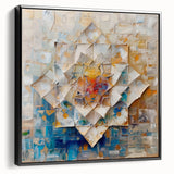 Abstract geometric canvas art in a sleek black frame, showcasing vibrant colors and sharp angles, ideal for modern home decor or office spaces, enhancing aesthetic appeal.