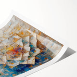 Abstract geometric rolled print showcasing vibrant colors and intricate patterns, elegantly packaged in a protective cardboard tube for safe delivery and display.
