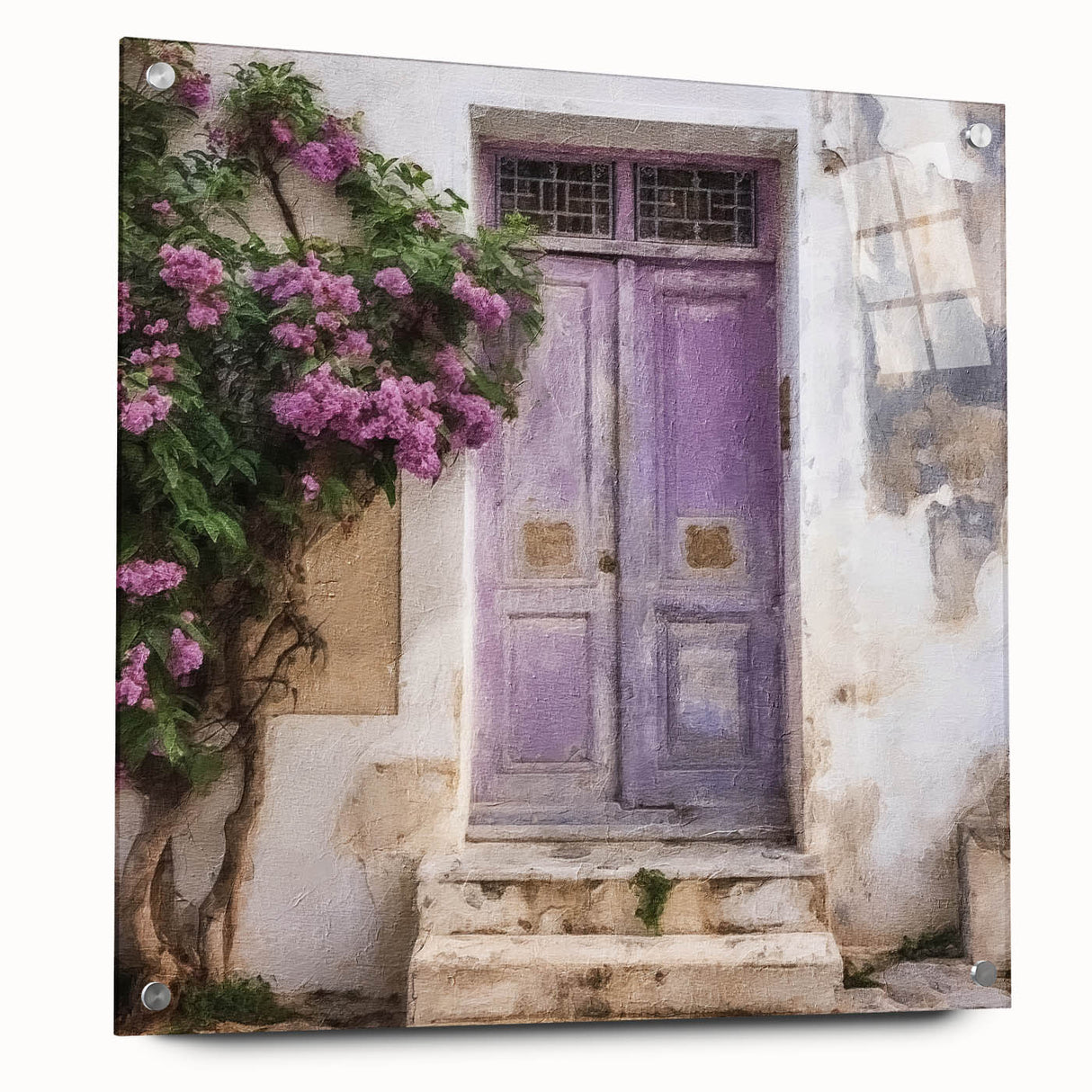 Acrylic print of a Greek door architecture, featuring earth tones, ideal for dining room decor.