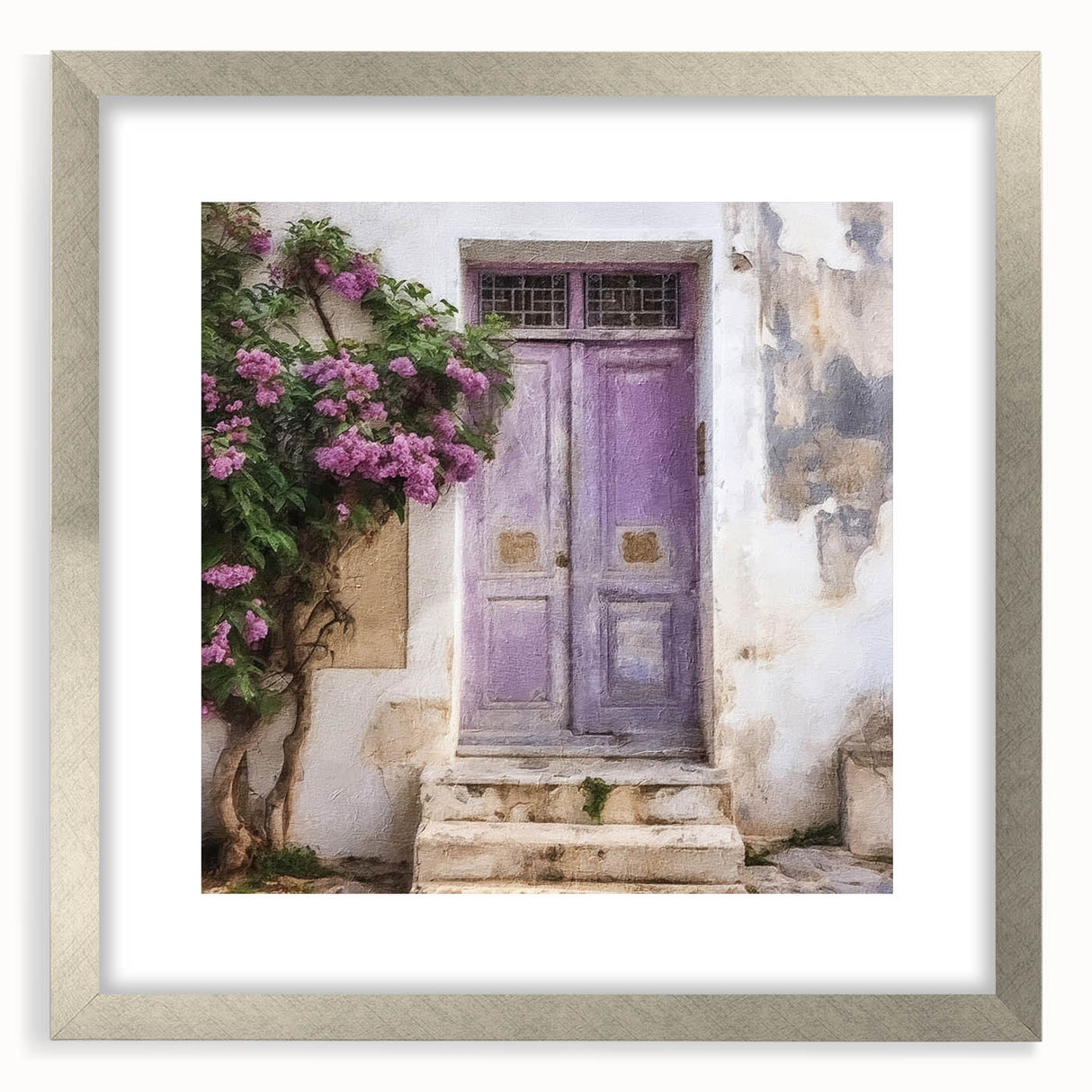 Textured art print featuring an abstract design of a Greek door in silver frame, suitable for bedroom decor.