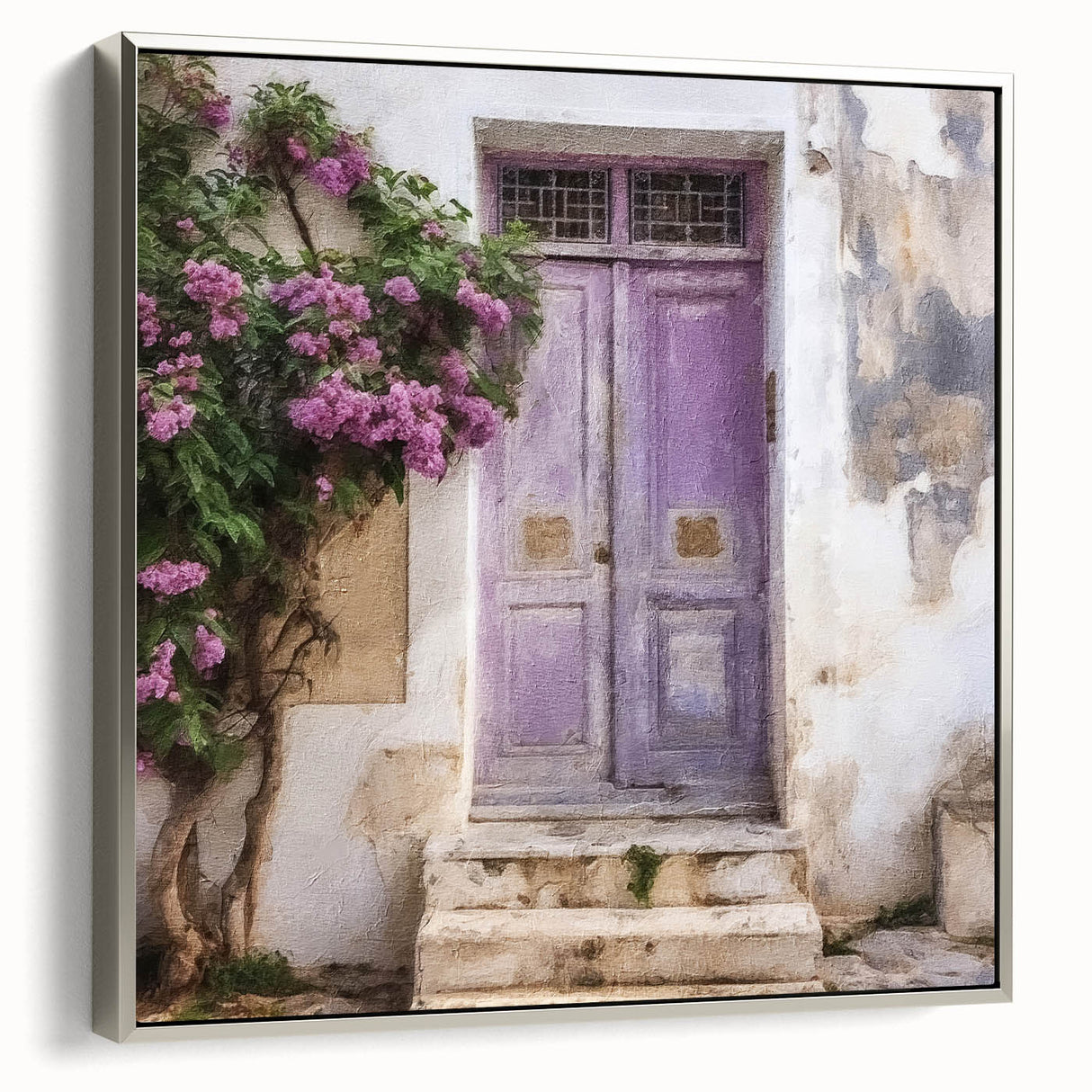 Framed canvas of a Greek door architecture in monochrome with vintage poster style, ideal for living room decor.
