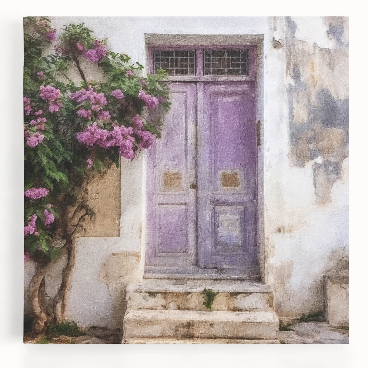 Black and white photo of a Greek door architecture on stretched canvas, suitable as large kitchen wall art.