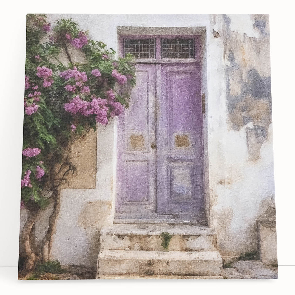 Black and white photo of a detailed Greek door architecture on stretched canvas, ideal for kitchen wall art.