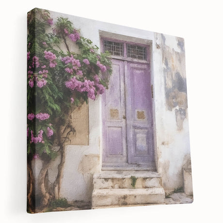 Side view of a large stretched canvas depicting a Greek door architecture, in neutral and earth tones.