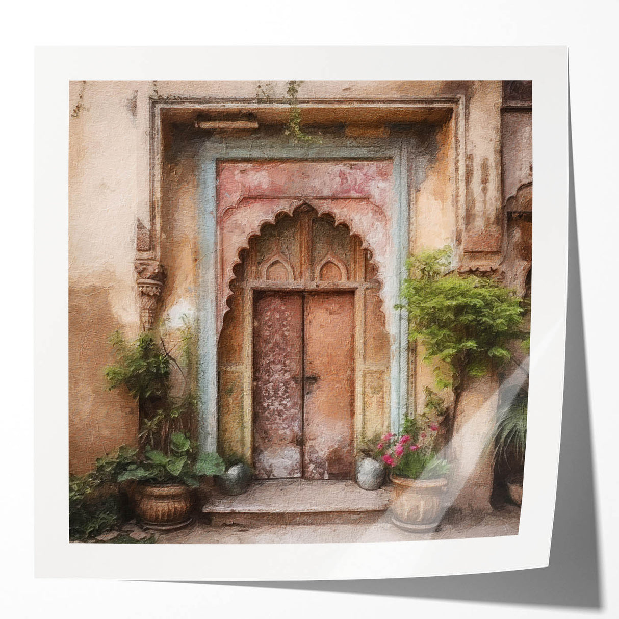 Extra large wall art featuring an Indian architectural door in muted earth tones on glossy photo paper.