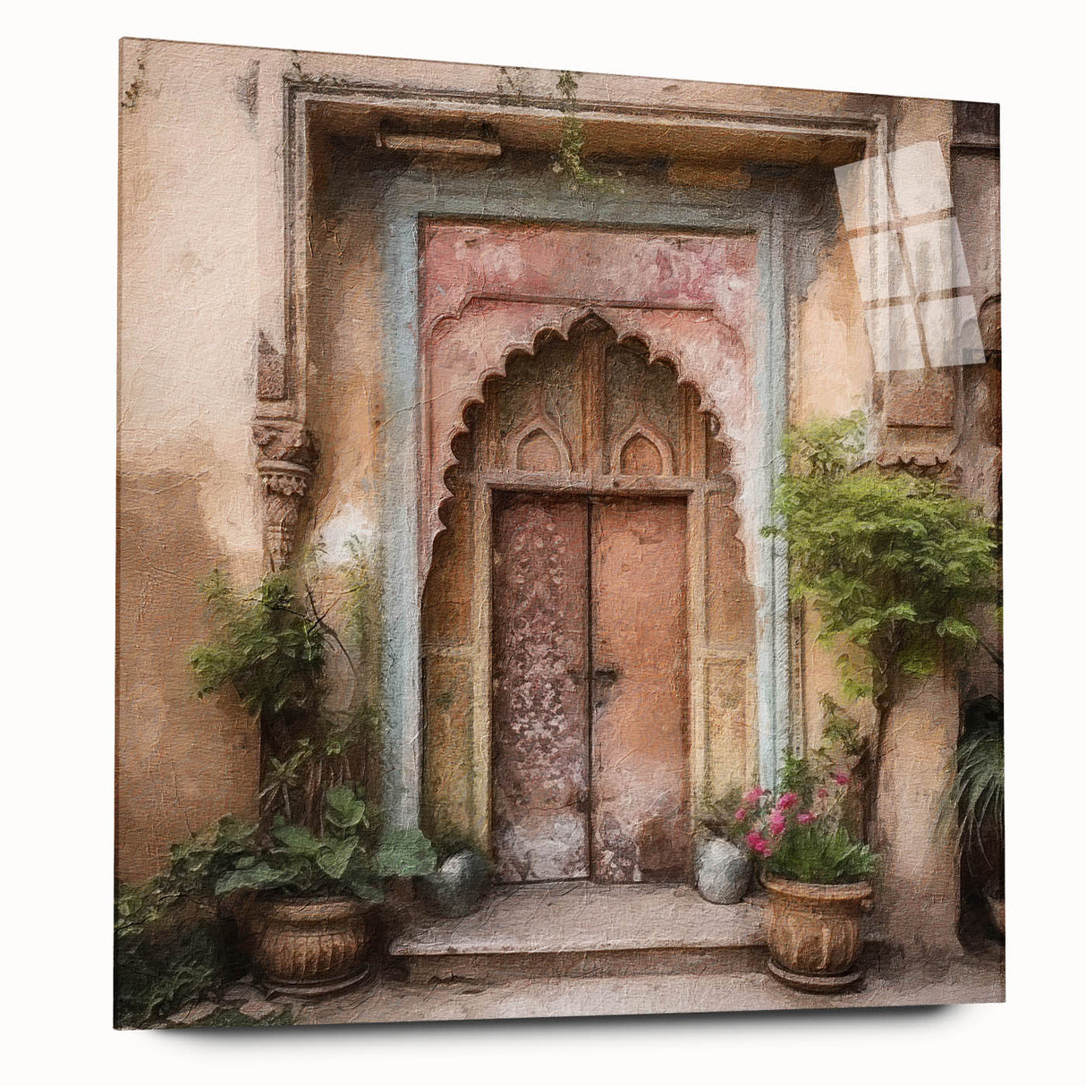 Acrylic print of a large abstract Indian door design in earth tones, ideal for bedroom or dining room art.