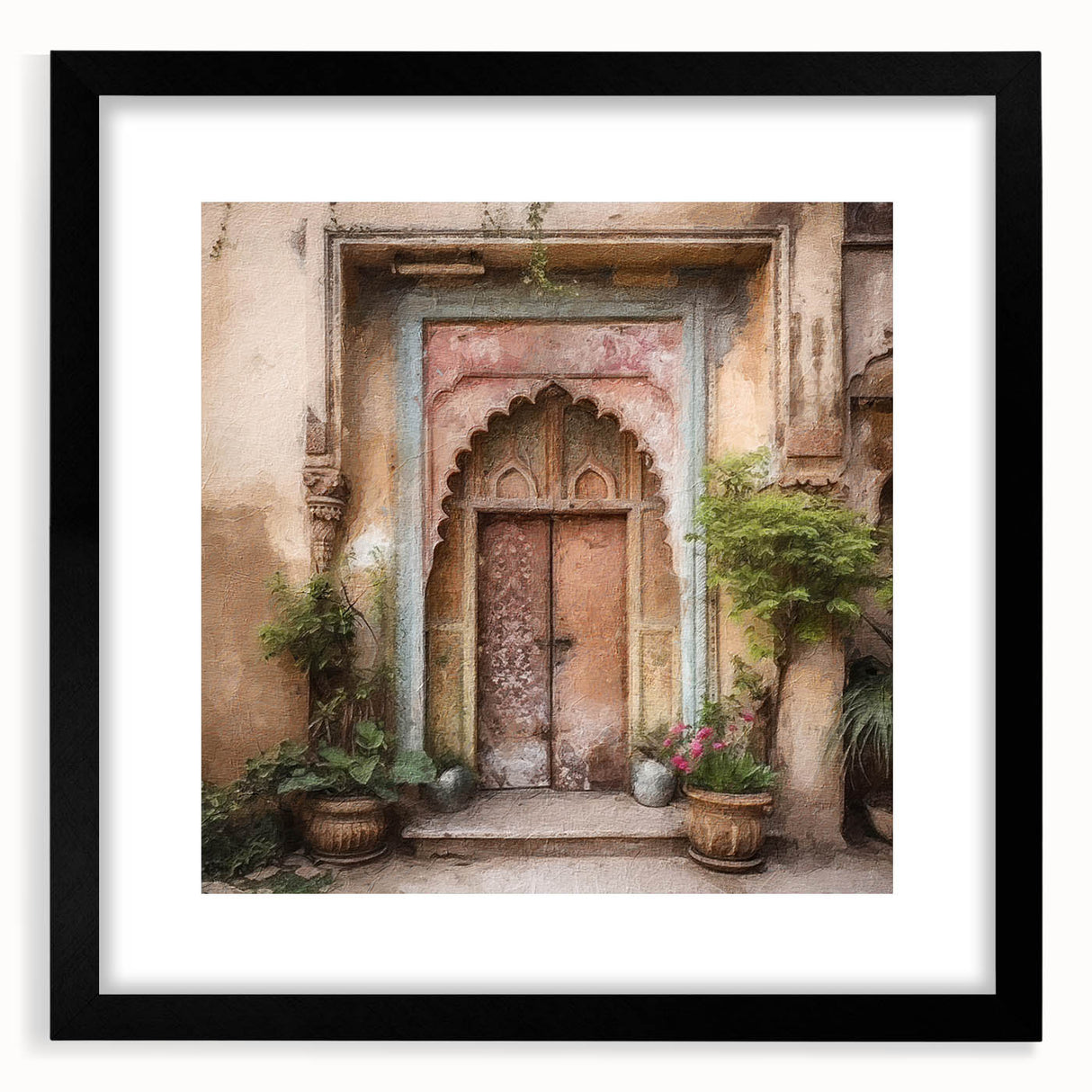 Extra large abstract art print featuring a colorful, textured depiction of an Indian door, in a black frame.