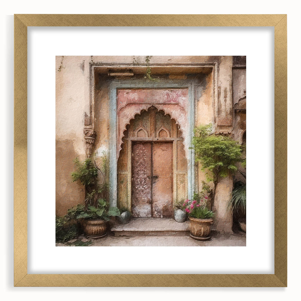 Extra large wall art featuring an abstract print of an Indian architecture door in textured gold tones on a framed canvas.