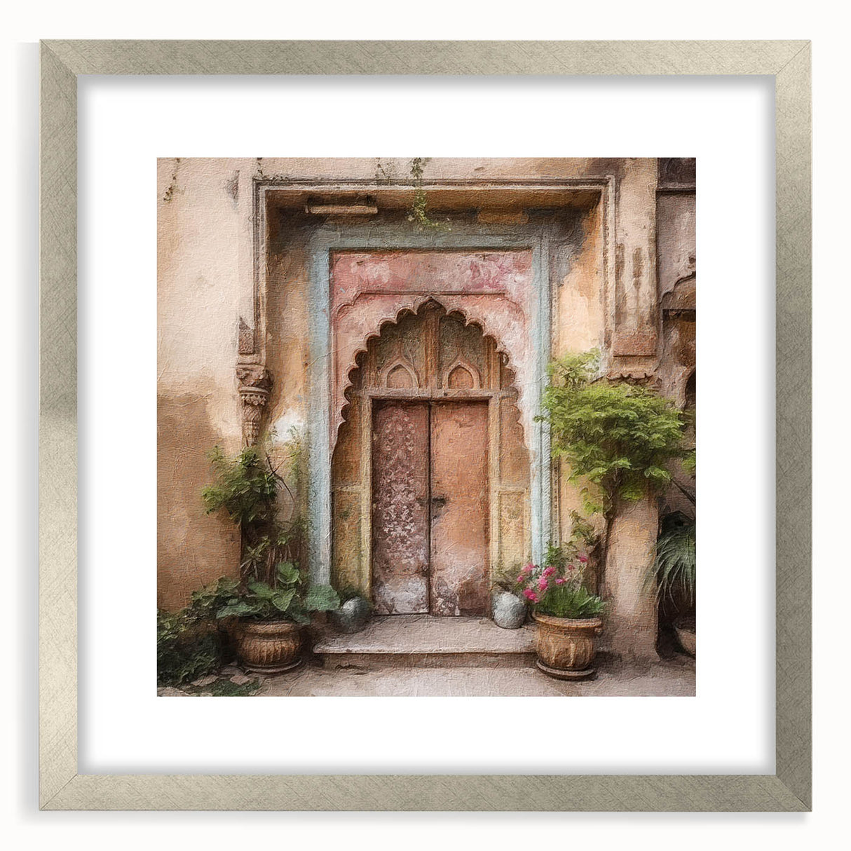 Textured art print of an abstract Indian door design in earthy tones, framed in silver, ideal for bedroom decor.