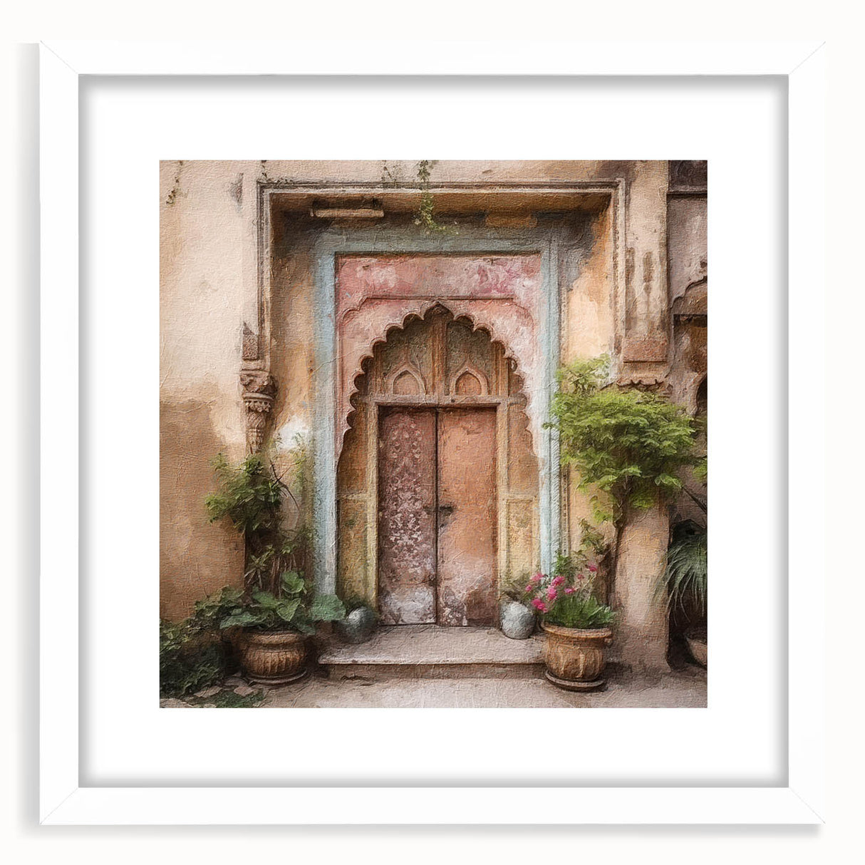 Abstract art print of an Indian door in muted earth tones on a white framed mat, ideal for dining room decor.