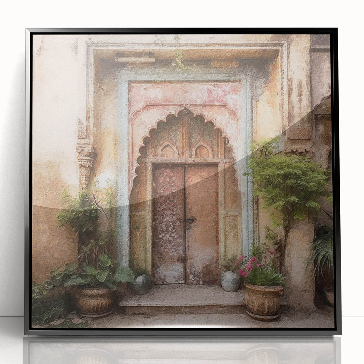 Large abstract wall art featuring a mid-century modernist design of an Indian architecture door in black acrylic frame.