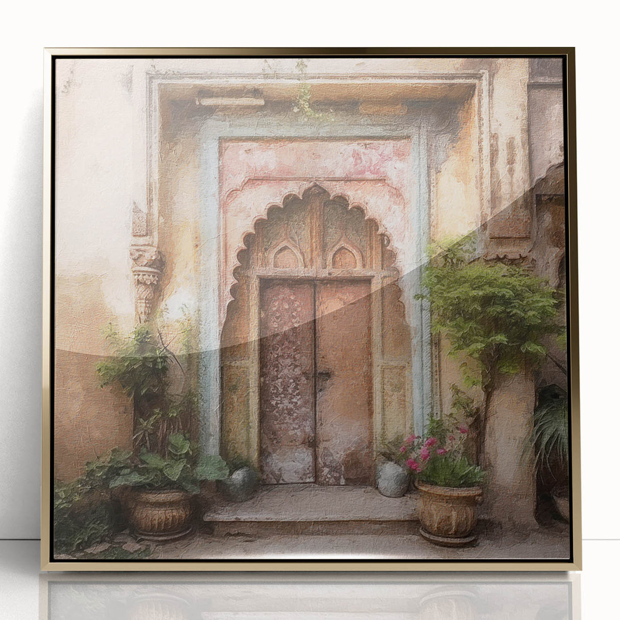 Mid-century modernist style door design in acrylic print with gold tones, ideal for modern art wall decor.