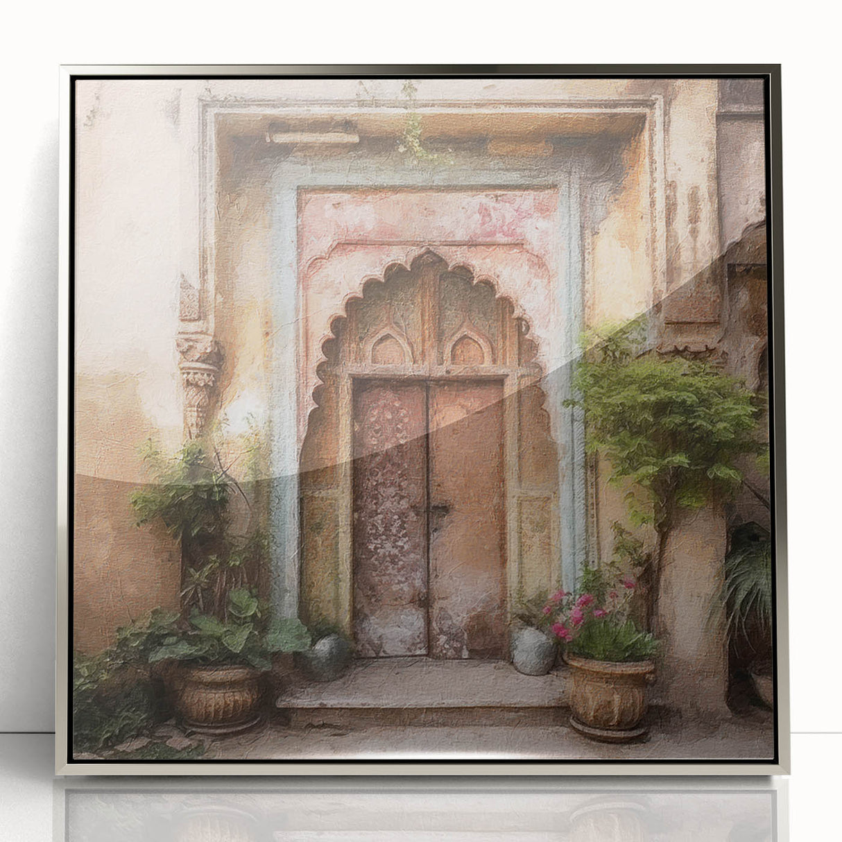 Mid-century modernist art depicting an Indian architecture door in silver tones on a framed acrylic.