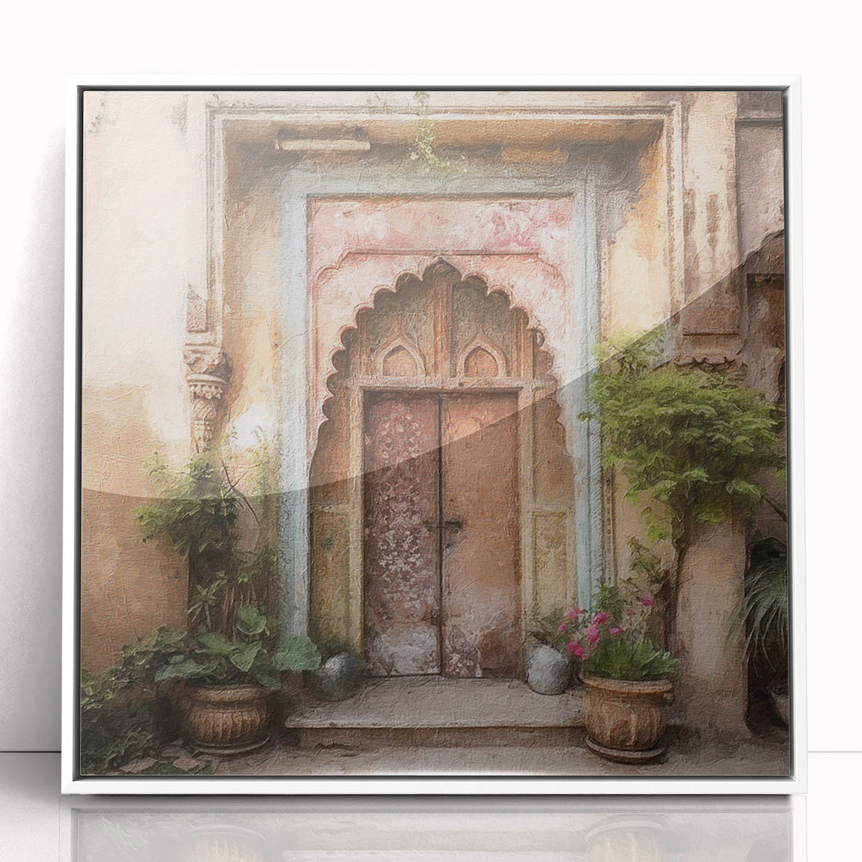 Art deco poster of an Indian architecture door in muted earth tones on a white acrylic framed print.