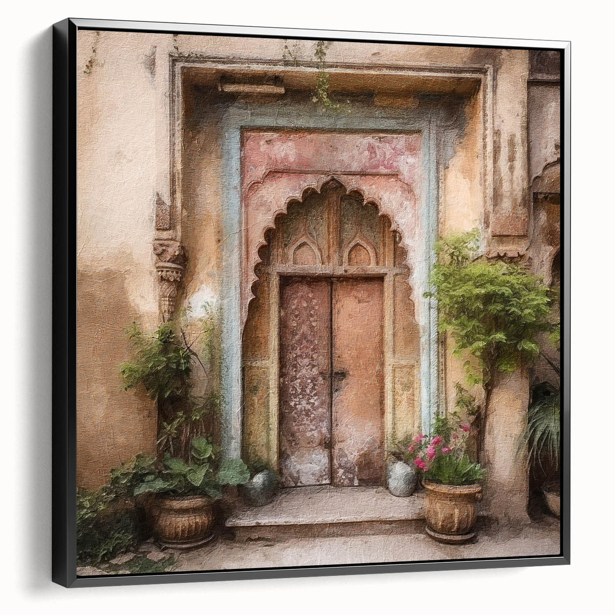 Black and white framed canvas of a vintage Indian door, ideal for bedroom wall art.
