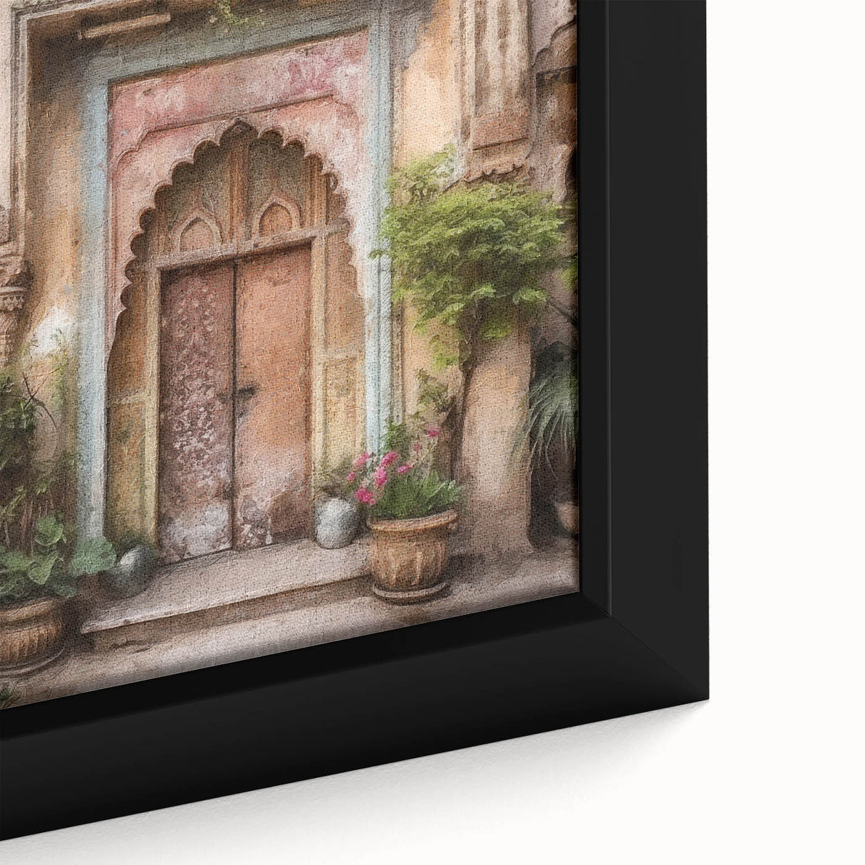 Close-up of a black framed canvas featuring a colorful, textured depiction of an ornate Indian door.