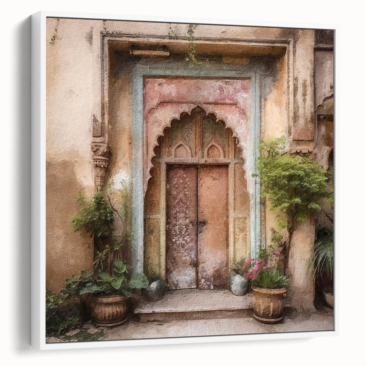 Vintage poster art of an ornate Indian door in vibrant colors on a large framed canvas, ideal for living room decor.