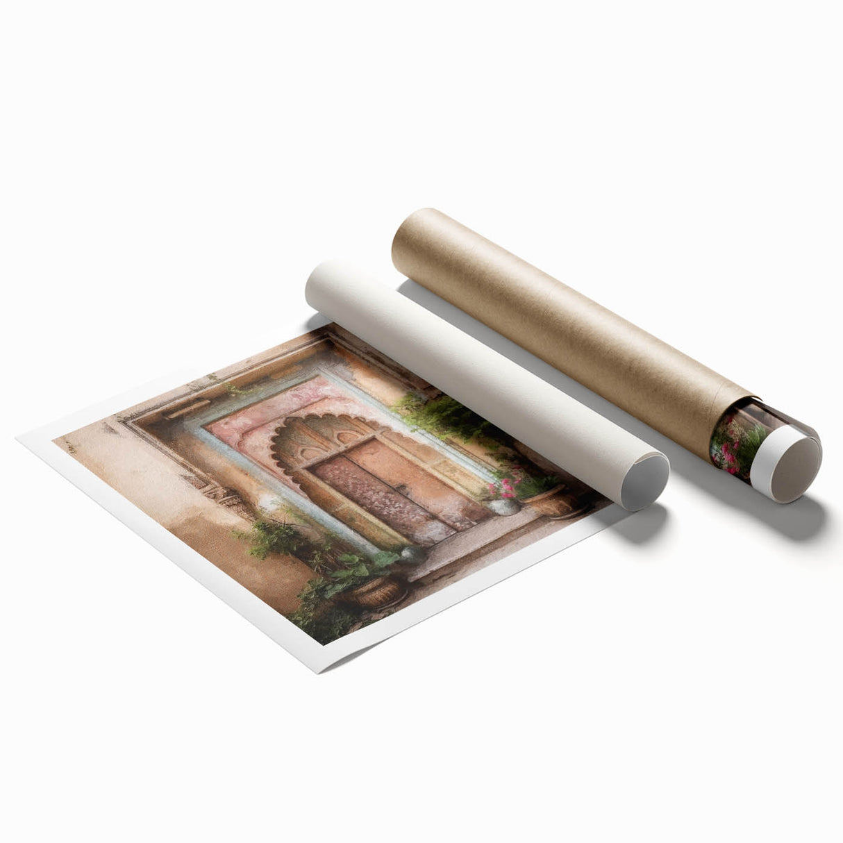Extra large rolled print of a traditional Indian door with floral designs in earthy tones.