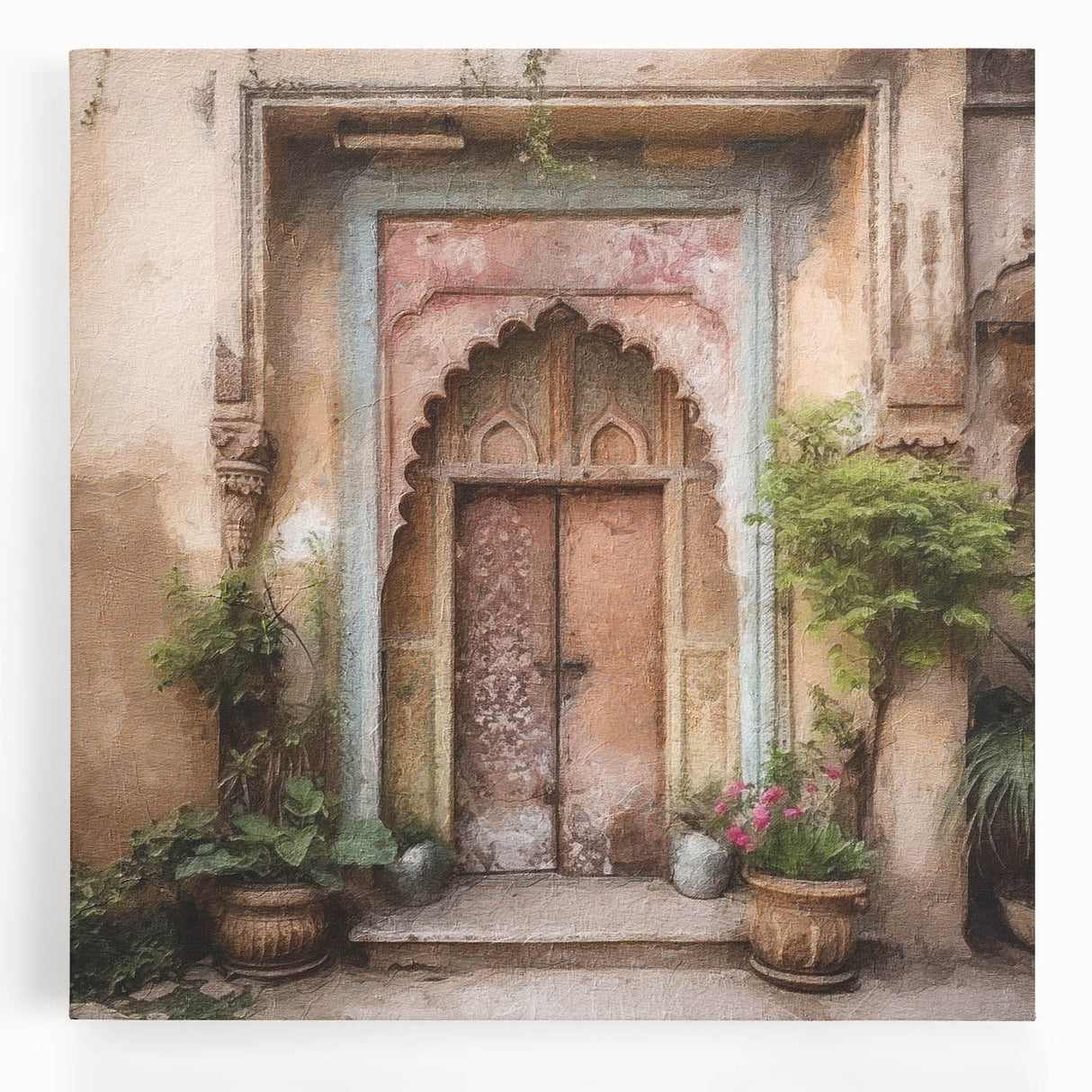 Black and white photograph of an intricate Indian door design on stretched canvas, ideal for kitchen wall art.
