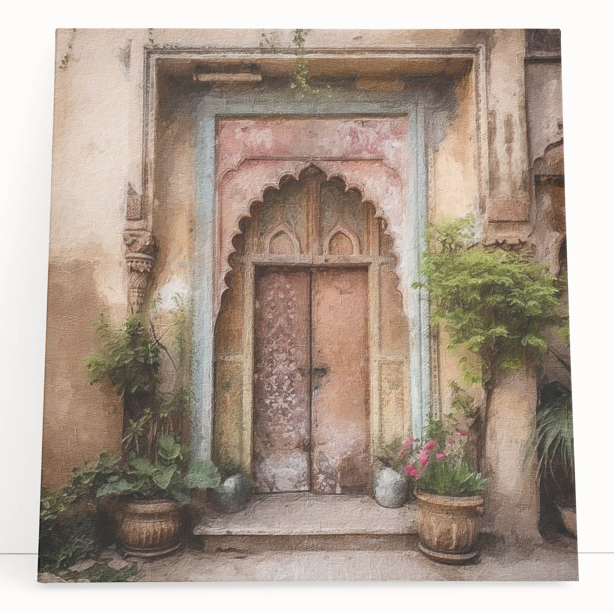 Black and white photo of an intricately carved Indian door on a stretched canvas, ideal for kitchen wall art.