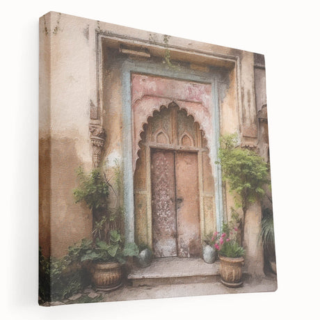 Side view of a large stretched canvas featuring a detailed Indian door design in rich earth tones.