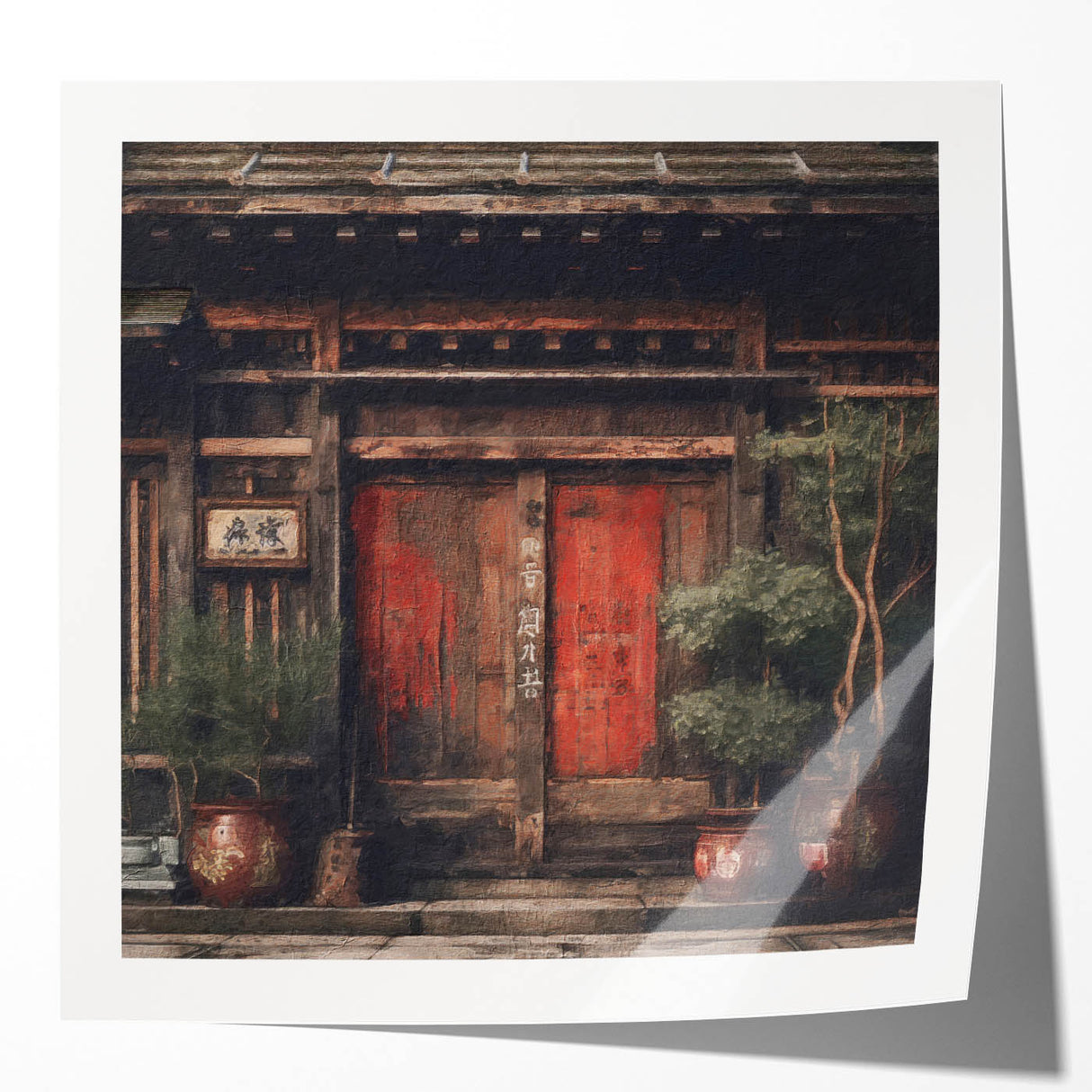Japanese-style door depicted in muted earth tones on a glossy photo print, suitable for art wall dining room.