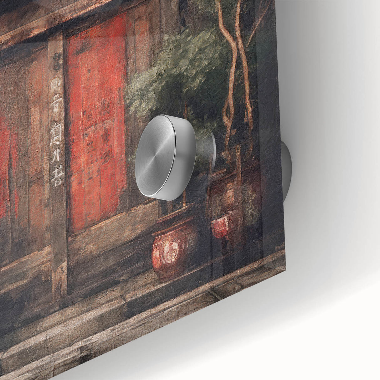 Large abstract wall art featuring a Japanese door design in muted earth tones on acrylic glass.
