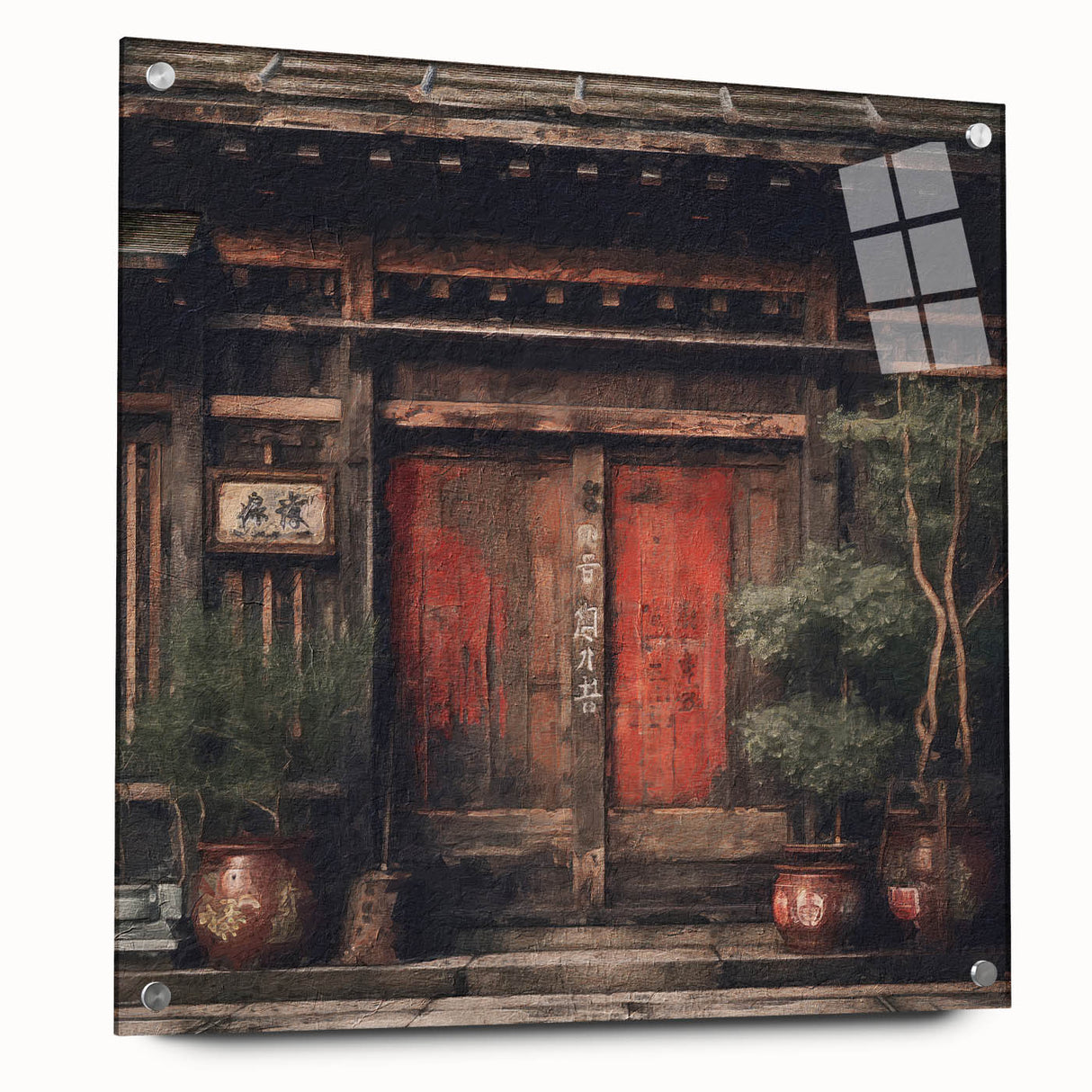 Acrylic print of a Japanese door design in muted earth tones, ideal for dining room decor.