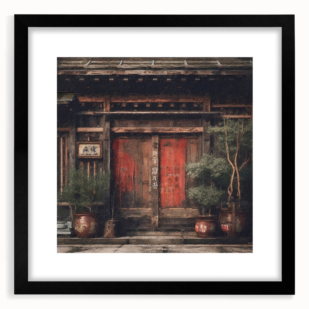 Extra large abstract art print featuring a colorful, textured depiction of a Japanese door, framed in black.