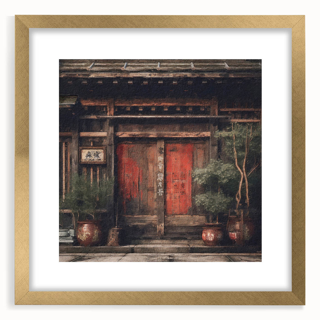 Extra large abstract art print featuring a textured depiction of a Japanese door, in muted gold tones, framed.