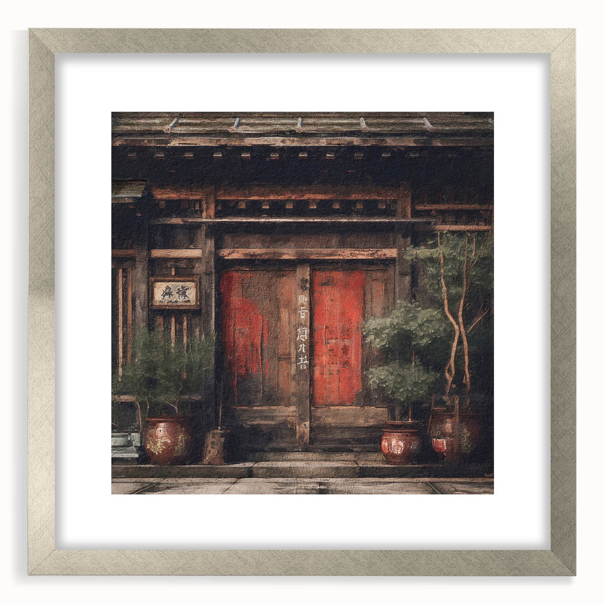 Textured art depicting an abstract Japanese door design in muted earth tones on a framed silver mat, ideal for bedroom art.