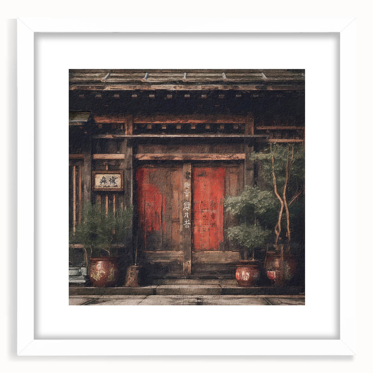 Abstract art print of a Japanese door in muted gray tones, framed with a white mat, suitable for dining room decor.